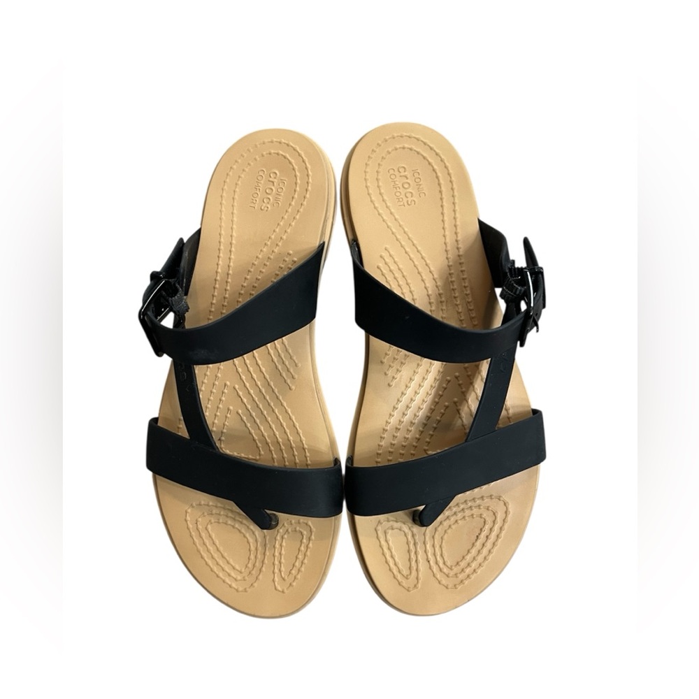 CROCS Women’s Black Strappy Sandals with Tan Footbed